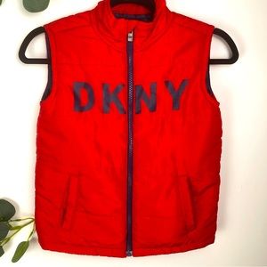 DKNY Vest Girl 6 Puffer Sleeveless Red Standup Collar Blue Letter Logo School